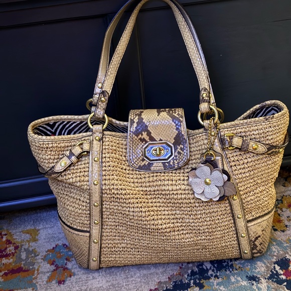 Coach python straw Natalie Hampton tote Bag with Gold Accents - Picture 1 of 8